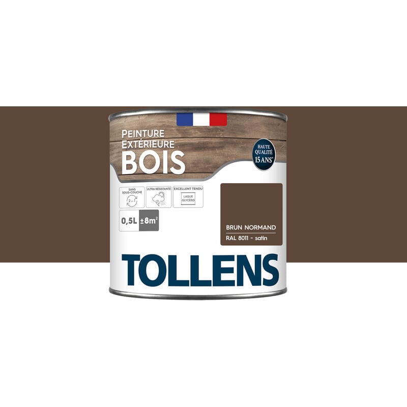 Tollens - Peinture bois extérieur 2 en 1 - Ultra Résistante et économique Satin - Brun Normand - 0,5L=8m2