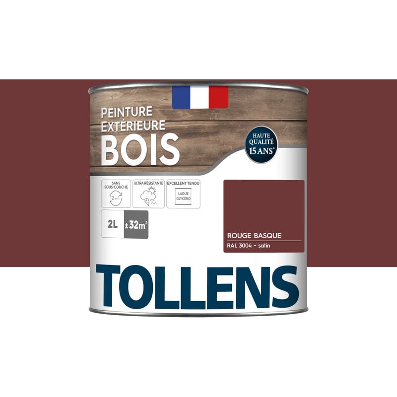 Peinture bois extérieur 2 en 1 - Ultra Résistante et économique Tollens Satin - Rouge Basque - 2L=32m2