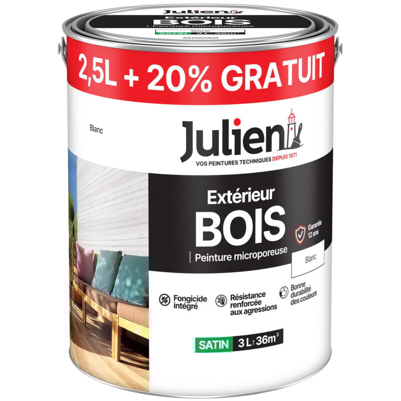 Peinture Extérieure Bois Microporeuse 2,5L +20%GRATUIT - 164083 - Blanc - JULIEN