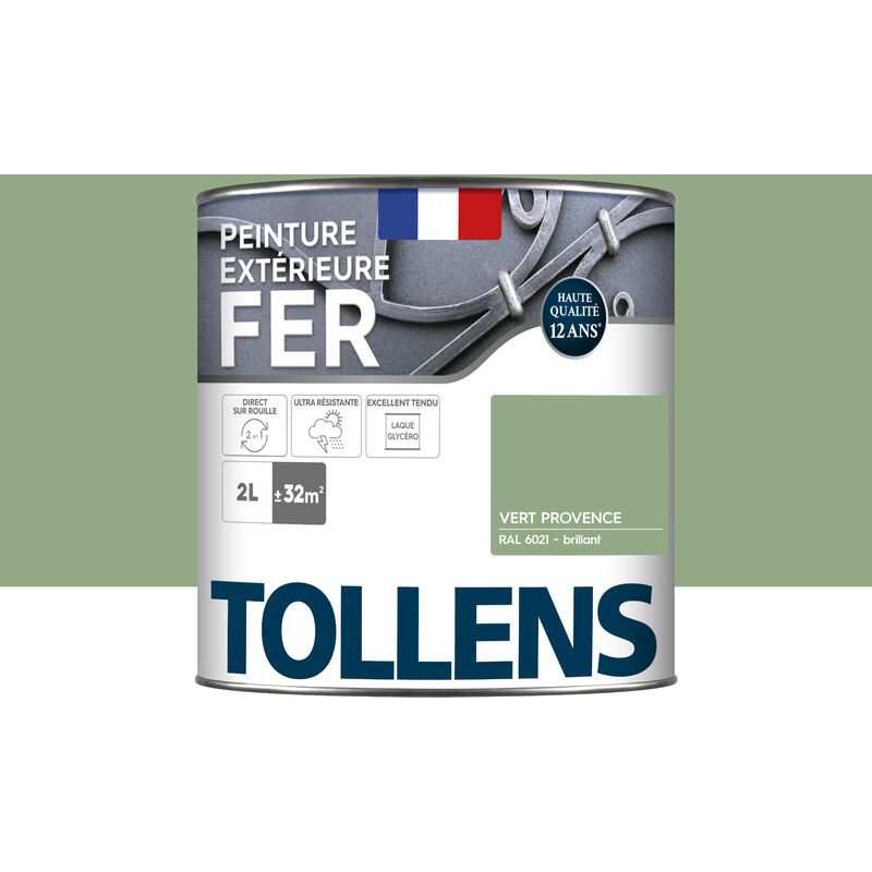 Tollens - Peinture fer extérieure 2 en 1 - Ultra Résistante, séchage rapide et antirouille Brillant - Vert Provence - 2L = 32m2