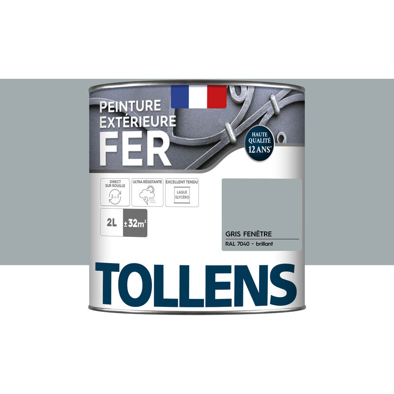 Tollens - Peinture fer extérieure 2 en 1 - Ultra Résistante, séchage rapide et antirouille Brillant - Gris Fenêtre - 2L = 32m2