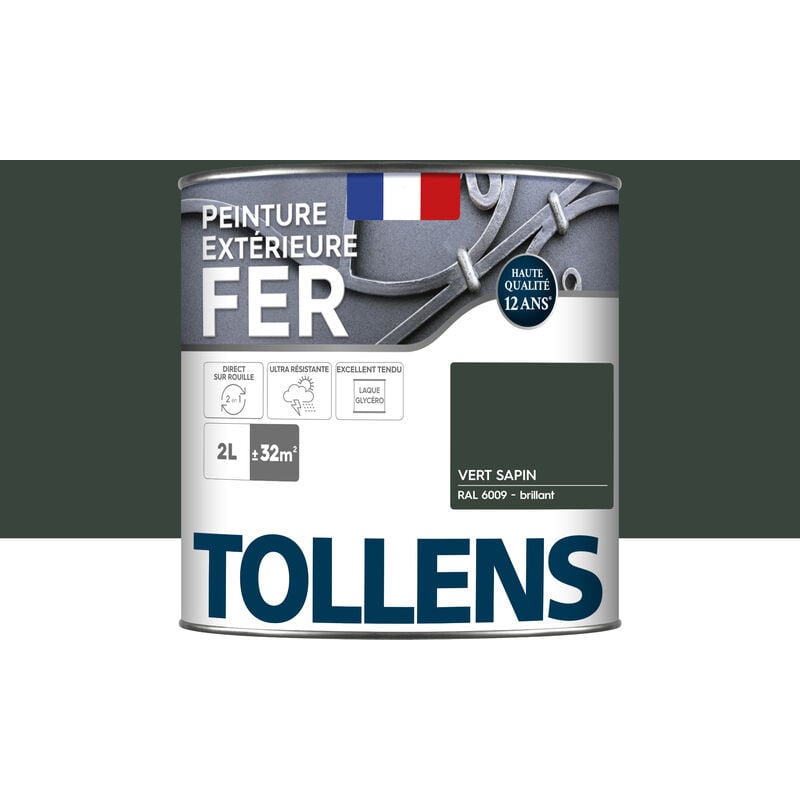 Tollens - Peinture fer extérieure 2 en 1 - Ultra Résistante, séchage rapide et antirouille Brillant - Vert Satin - 2L = 32m2