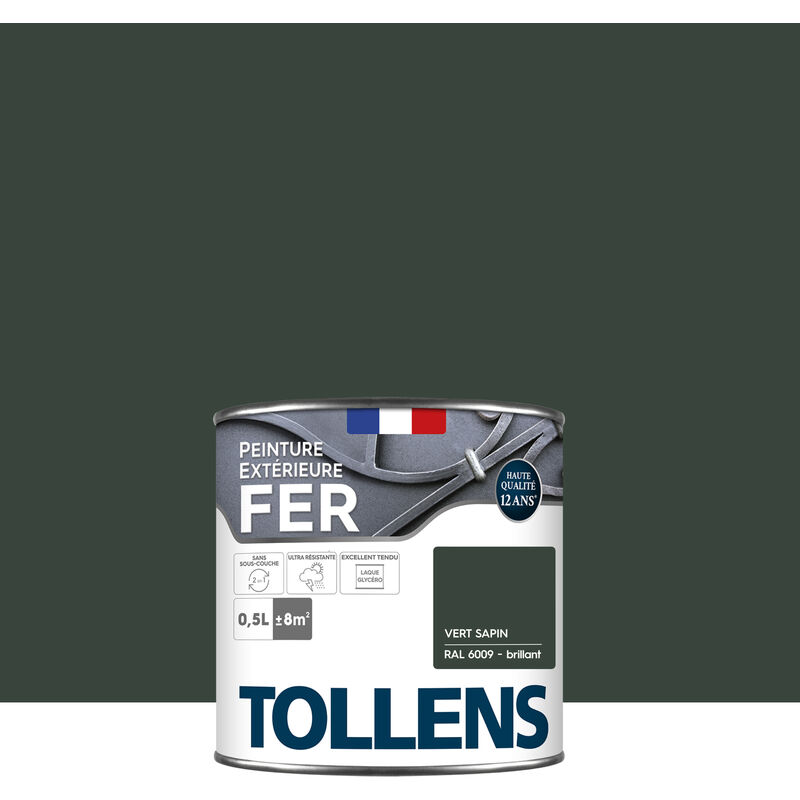 Tollens - Peinture fer extérieure 2 en 1 - Ultra Résistante, séchage rapide et antirouille Brillant - Vert Sapin - 0,5L = 8m2