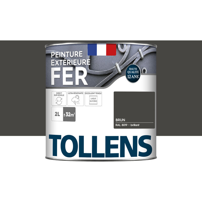 Tollens - Peinture fer extérieure 2 en 1 - Ultra Résistante, séchage rapide et antirouille Brillant - Brun - 2L = 32m2