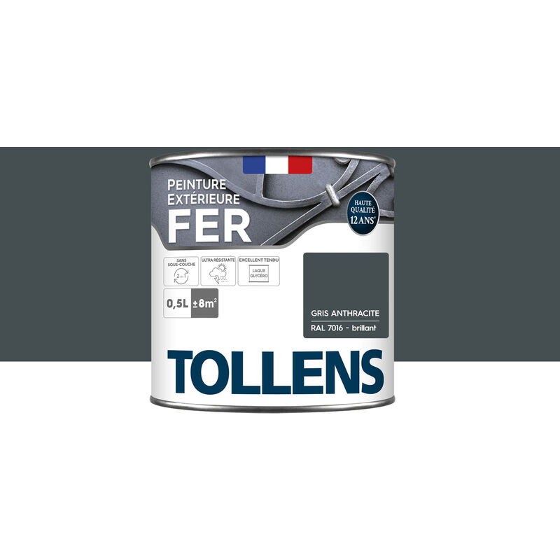 Tollens - Peinture fer extérieure 2 en 1 - Ultra Résistante, séchage rapide et antirouille Brillant - Gris Anthracite - 0,5L = 8m2