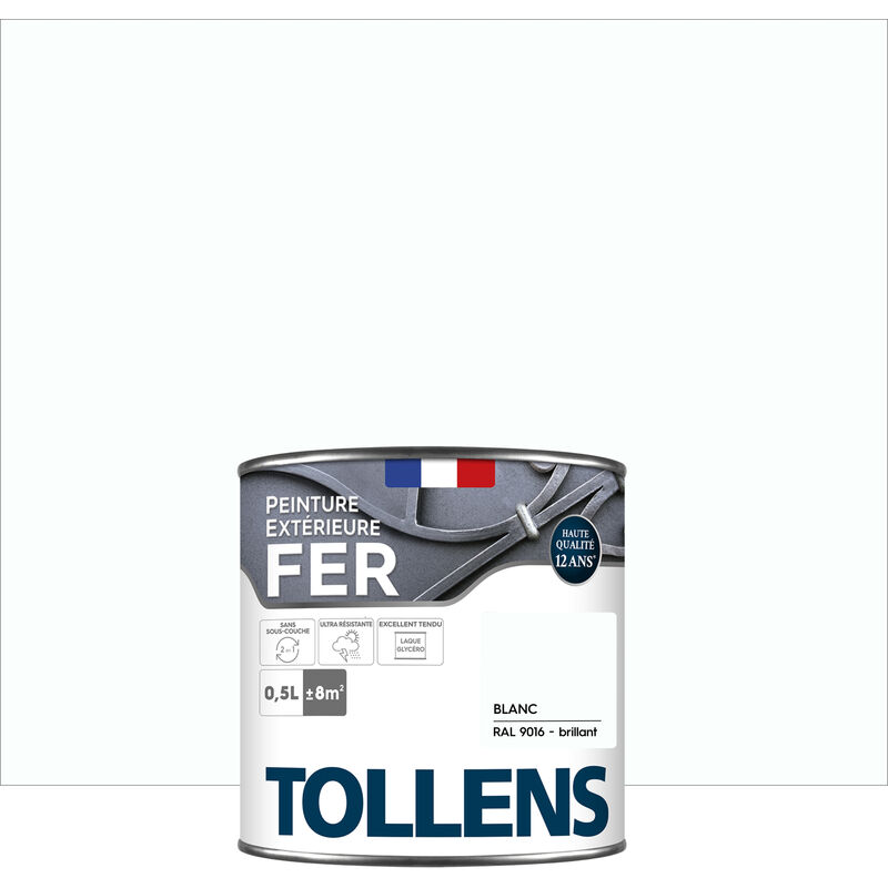 Tollens - Peinture fer extérieure 2 en 1 - Ultra Résistante, séchage rapide et antirouille Brillant - Blanc - 0,5L = 8m2