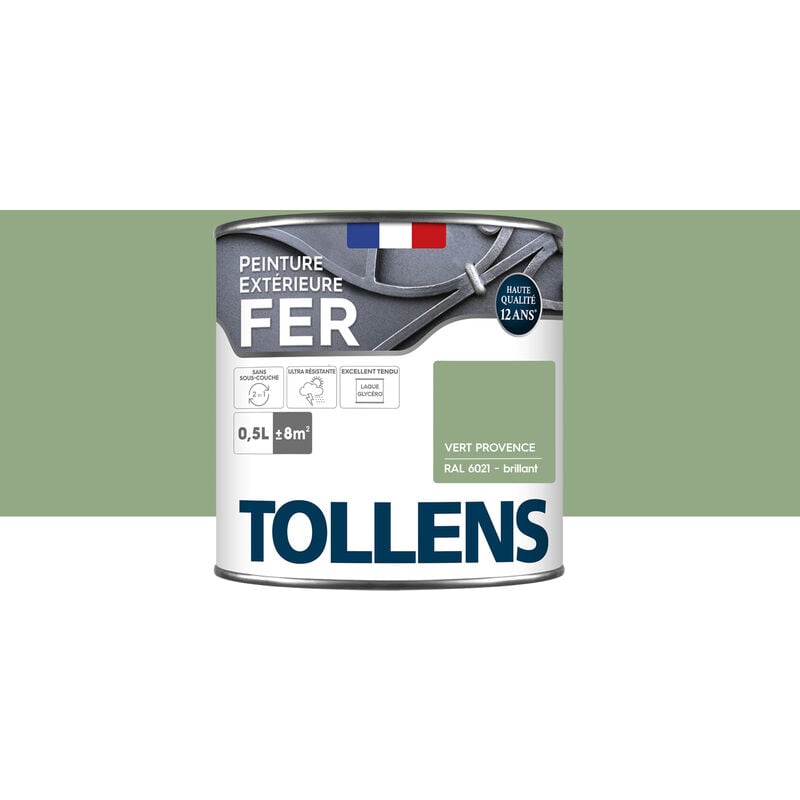 Tollens - Peinture fer extérieure 2 en 1 - Ultra Résistante, séchage rapide et antirouille Brillant - Vert Provence - 0,5L = 8m2