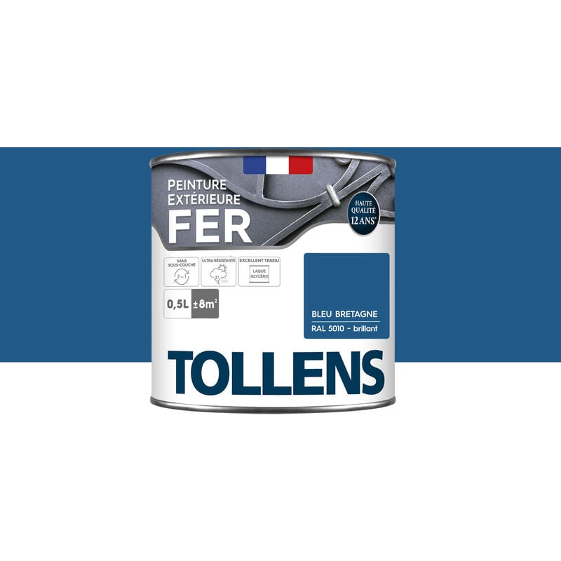 Tollens - Peinture fer extérieure 2 en 1 - Ultra Résistante, séchage rapide et antirouille Brillant - Bleu Bretagne - 0,5L = 8m2