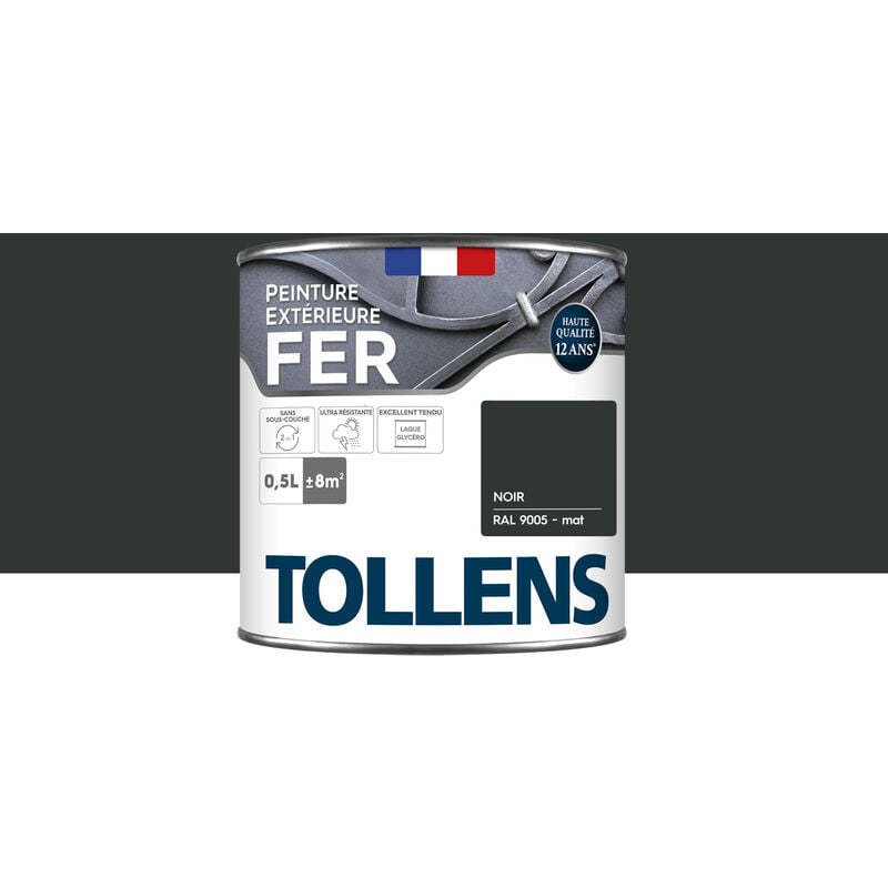 Peinture fer extérieure 2 en 1 - Ultra Résistante, séchage rapide et antirouille - TOLLENS - Brillant - Noir Mat - 0,5L = 8m2