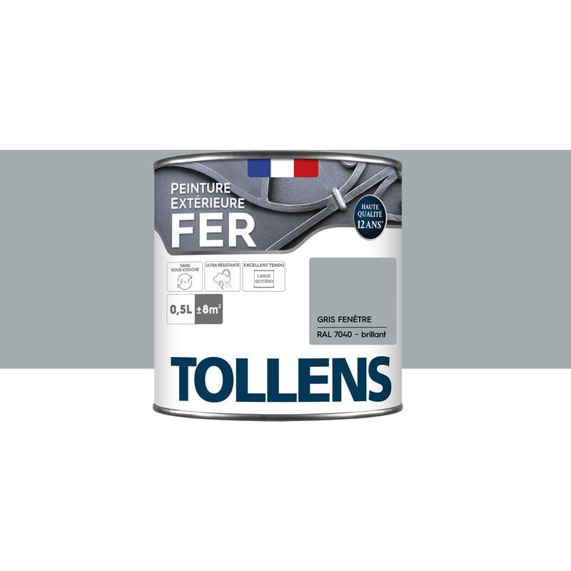 Tollens - Peinture fer extérieure 2 en 1 - Ultra Résistante, séchage rapide et antirouille Brillant - Gris Fenêtre - 0,5L = 8m2