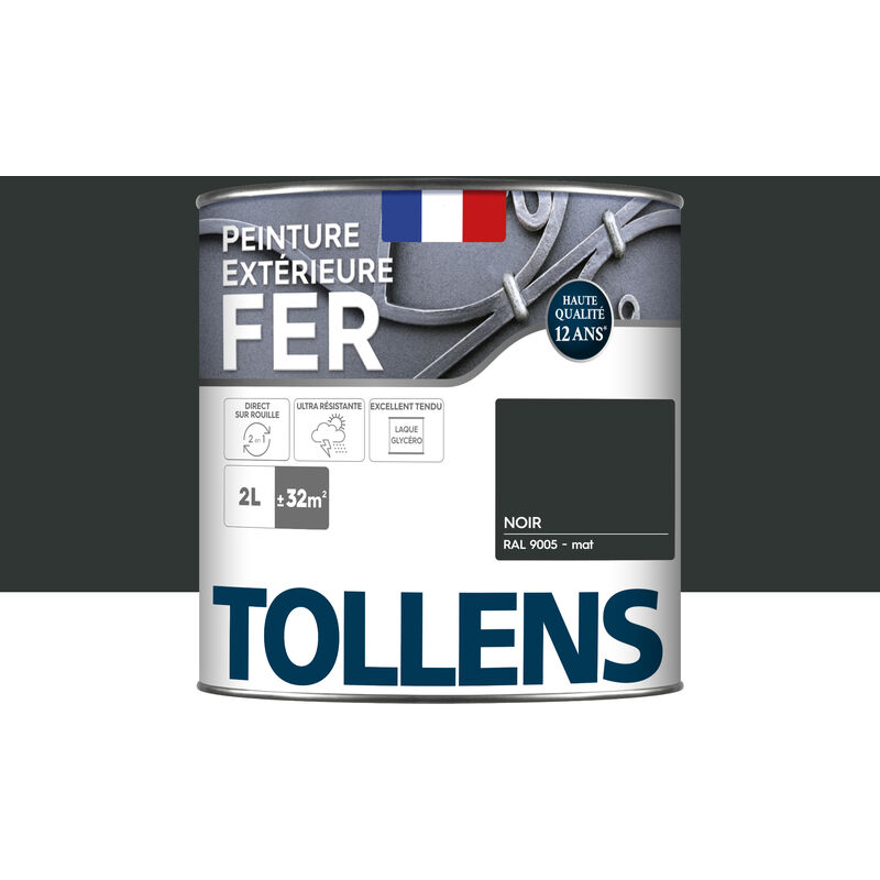 Tollens - Peinture fer extérieure 2 en 1 - Ultra Résistante, séchage rapide et antirouille Brillant - Noir Mat - 2L = 32m2