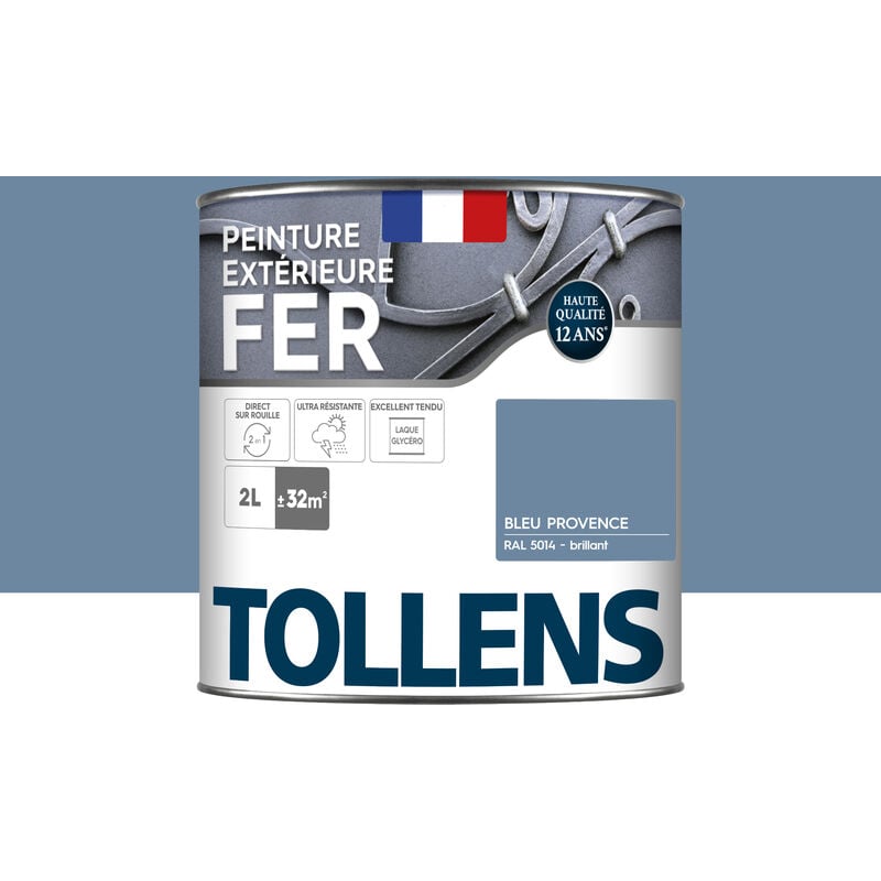 Tollens - Peinture fer extérieure 2 en 1 - Ultra Résistante, séchage rapide et antirouille Brillant - Bleu Provence - 2L = 32m2