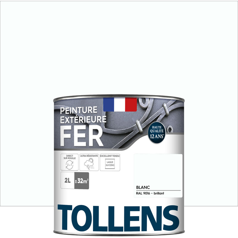 Tollens - Peinture fer extérieure 2 en 1 - Ultra Résistante, séchage rapide et antirouille Brillant - Blanc - 2L = 32m2