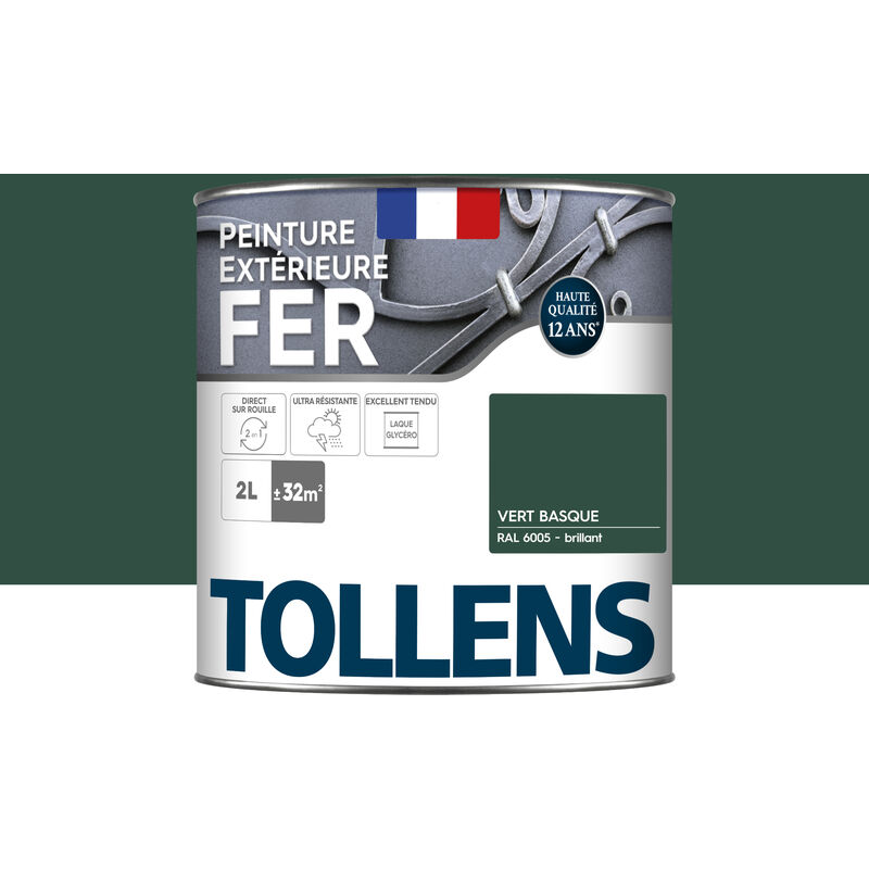 Tollens - Peinture fer extérieure 2 en 1 - Ultra Résistante, séchage rapide et antirouille Brillant - Vert Basque - 2L = 32m2