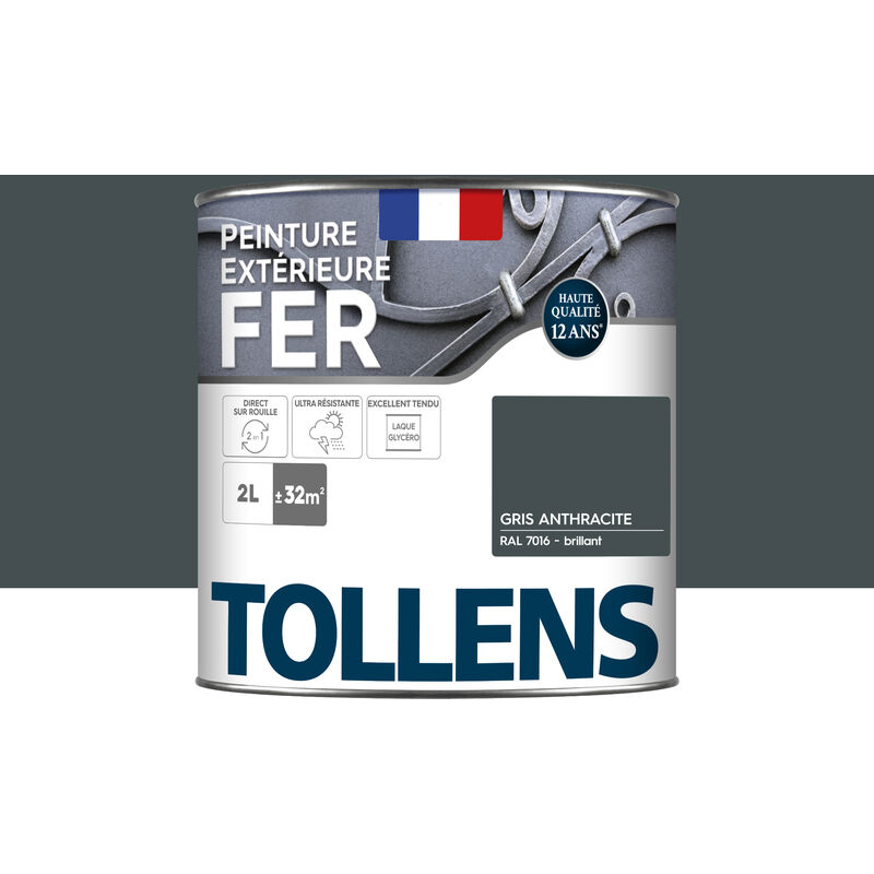 Tollens - Peinture fer extérieure 2 en 1 - Ultra Résistante, séchage rapide et antirouille Brillant - Gris Anthracite - 2L = 32m2