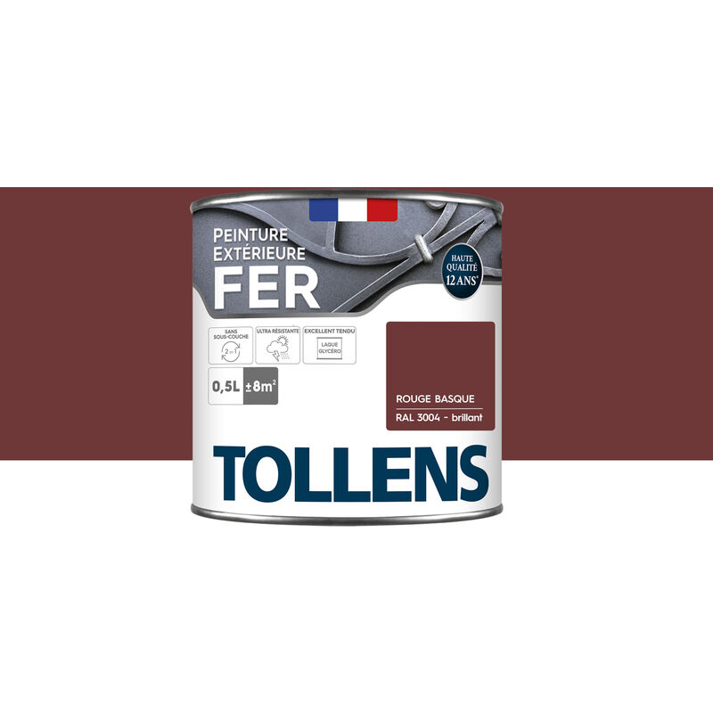 Tollens - Peinture fer extérieure 2 en 1 - Ultra Résistante, séchage rapide et antirouille Brillant - Rouge Basque - 0,5L = 8m2