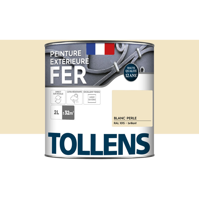Tollens - Peinture fer extérieure 2 en 1 - Ultra Résistante, séchage rapide et antirouille Brillant - Blanc Perle - 2L = 32m2