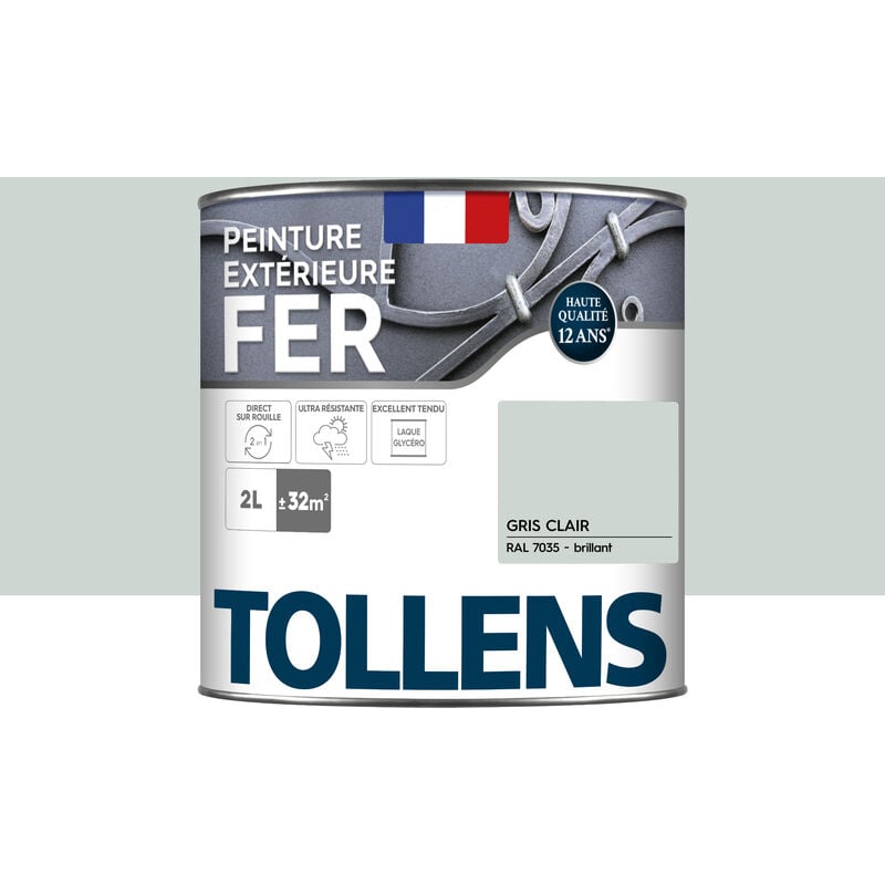 Tollens - Peinture fer extérieure 2 en 1 - Ultra Résistante, séchage rapide et antirouille Brillant - Gris Clair - 2L = 32m2