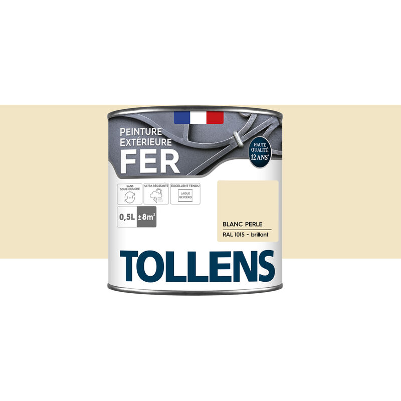 Tollens - Peinture fer extérieure 2 en 1 - Ultra Résistante, séchage rapide et antirouille Brillant - Blanc Perle - 0,5L = 8m2
