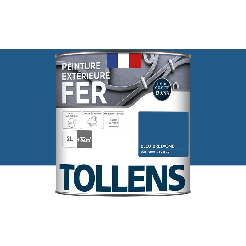 Tollens - Peinture fer extérieure 2 en 1 - Ultra Résistante, séchage rapide et antirouille Brillant - Bleu Bretagne - 2L = 32m2