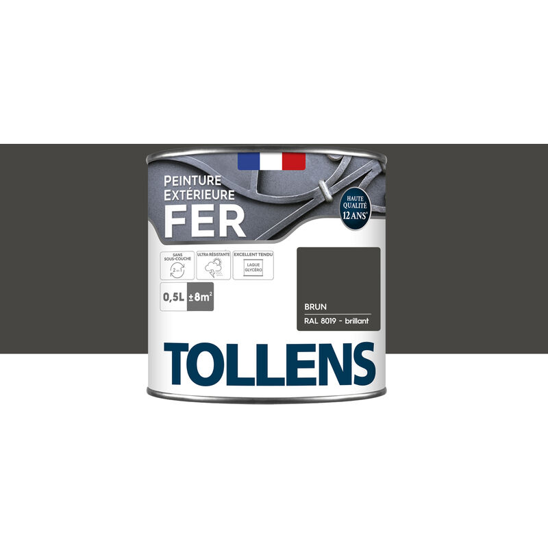 Peinture fer extérieure 2 en 1 - Ultra Résistante, séchage rapide et antirouille - TOLLENS - Brillant - Brun - 0,5L = 8m2