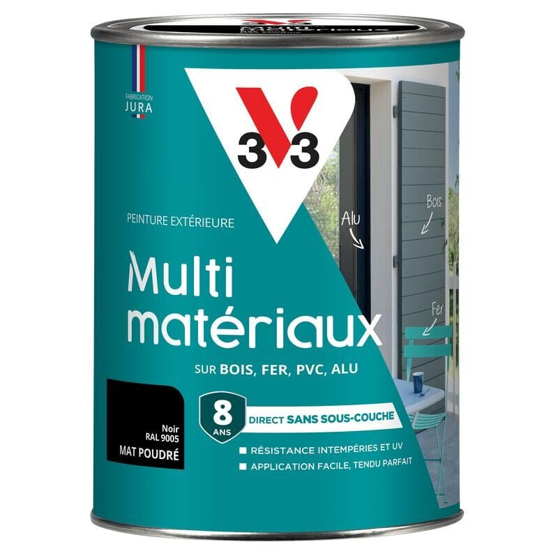 V33 - Peinture extérieure Multi-matériaux Noir ral 9005 Mat poudré 1,5L