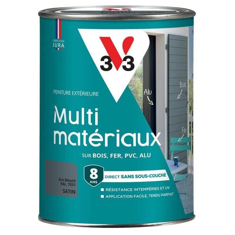 V33 - Peinture extérieure Multi-matériaux Gris bleuté ral 7031 Satin 1,5L