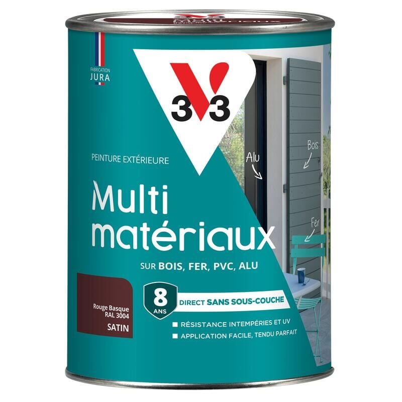 V33 - Peinture extérieure Multi-matériaux Rouge basque ral 3004 Satin 1,5L