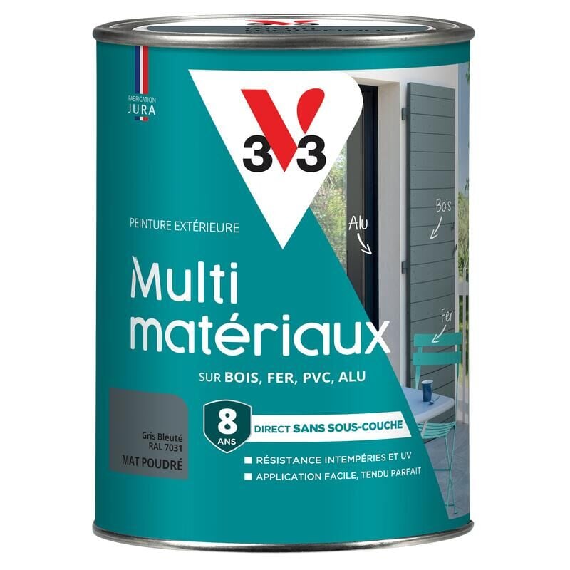 V33 - Peinture extérieure Multi-matériaux Gris bleuté ral 7031 Mat poudré 1,5L