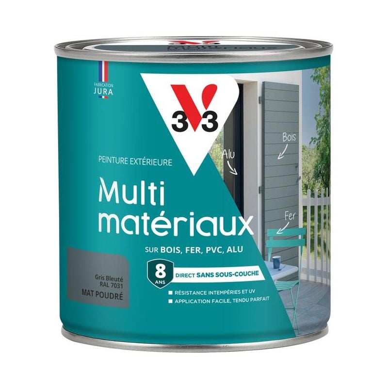 V33 - Peinture extérieure Multi-matériaux Gris bleuté ral 7031 Mat poudré 0,5L