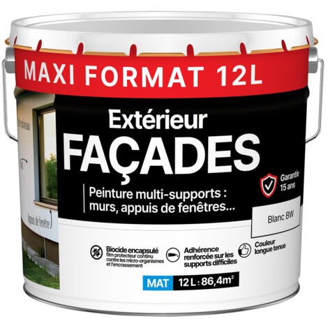 Peinture extérieure multi-supports 165743 – 12L – Mat en phase aqueuse – Pour maçonnerie, bois et métal – Garantie 15 ans