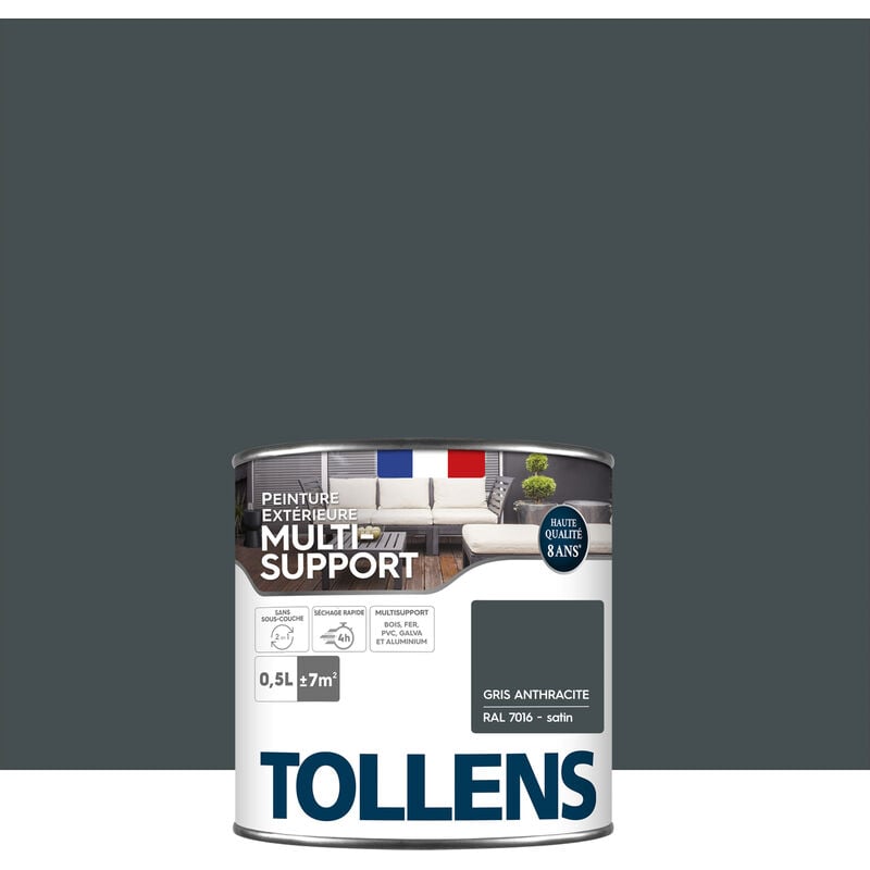 Peinture extérieure multisupport - Ultra résistante Tollens Satin - Gris Anthracite - 0,5L
