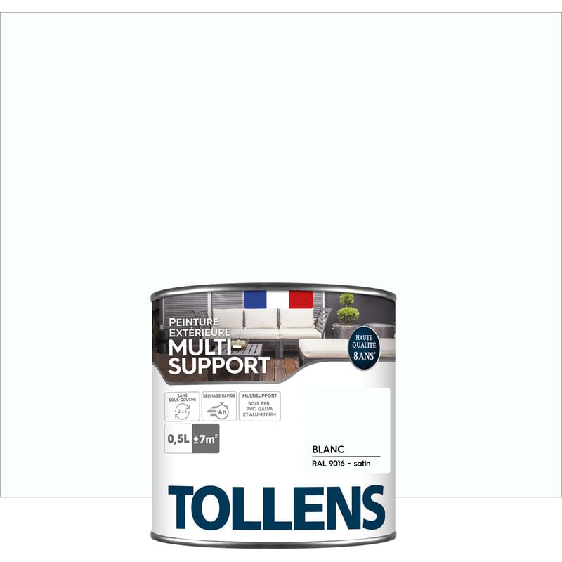 Peinture extérieure multisupport - Ultra résistante - TOLLENS - Satin - Blanc - 0,5L=7m2