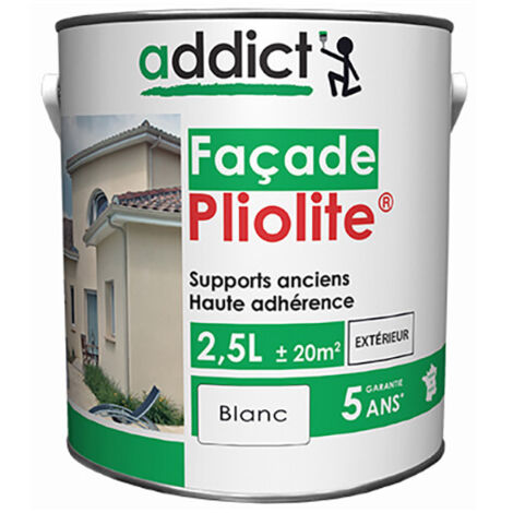 Peinture façade 100% Pliolite 2.5L blanc – Résistance intempéries – Adhérence sur fonds anciens – Microporeuse et imperméable – Addict