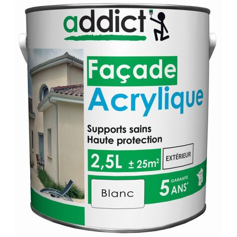 Peinture façade acrylique 2.5 litres blanc – Résistante aux intempéries – Microporeuse pour surfaces verticales extérieures – Addict