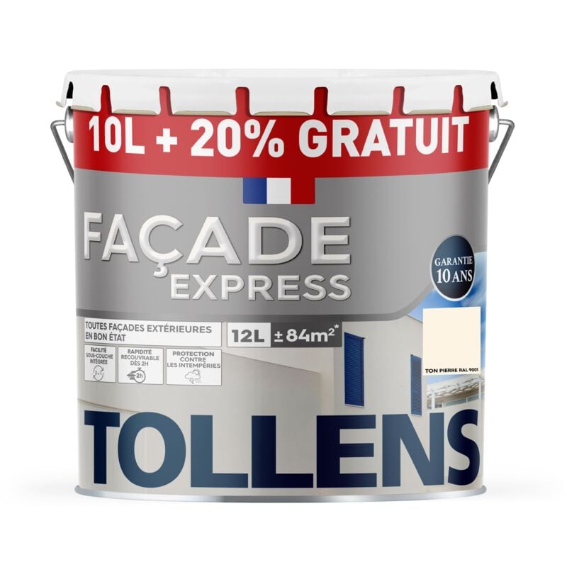 Peinture Façade Acrylique express Tollens Imperméabilise et protège - Recouvrable 2H - Mat - Ton Pierre 10L+20%
