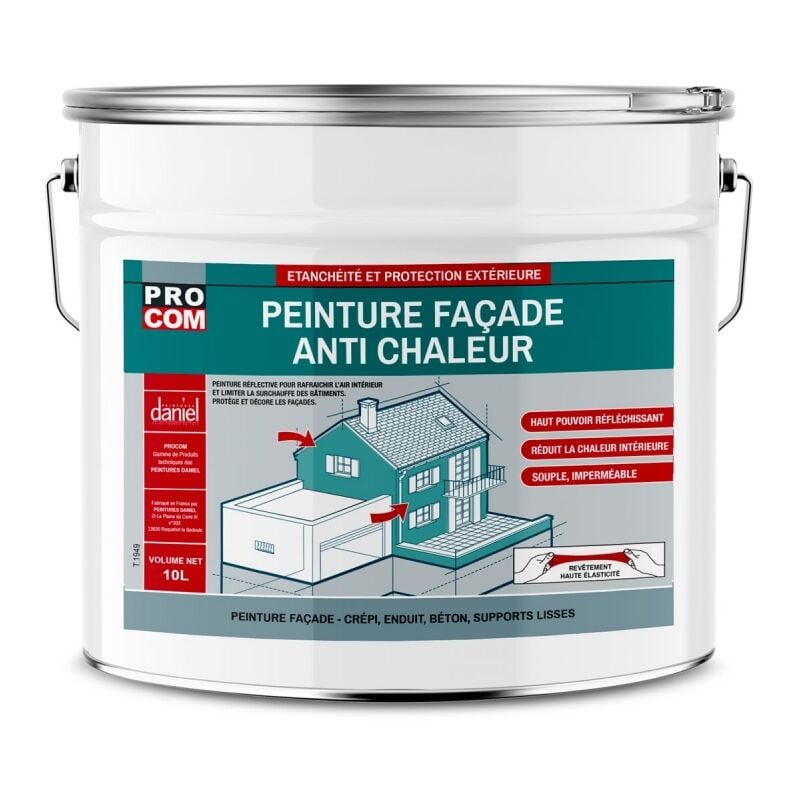 Peinture façade anti chaleur, peinture blanche réflective, rafraîchit l'air intérieur - Technologie cool roof Procom ffffff 10 litres