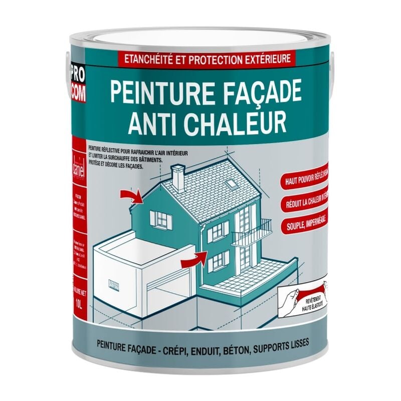 Peinture façade anti chaleur, peinture blanche réflective, rafraîchit l'air intérieur - Technologie cool roof Procom ffffff 2.5 litres