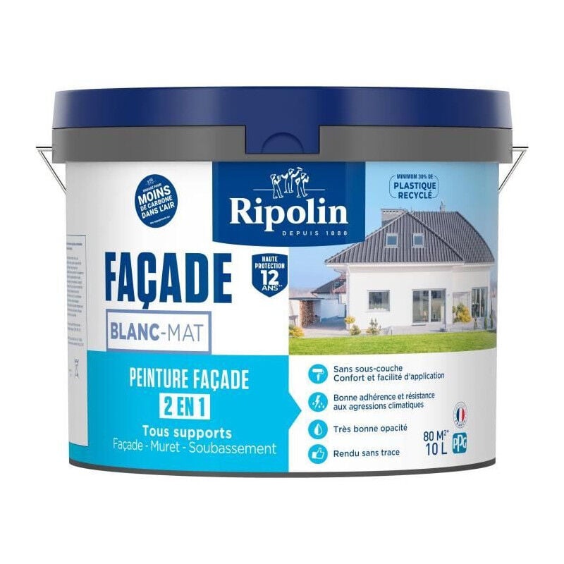 Peinture façade classic 2 en 1 Ripolin 474646 - Blanc - Mat - 10 l
