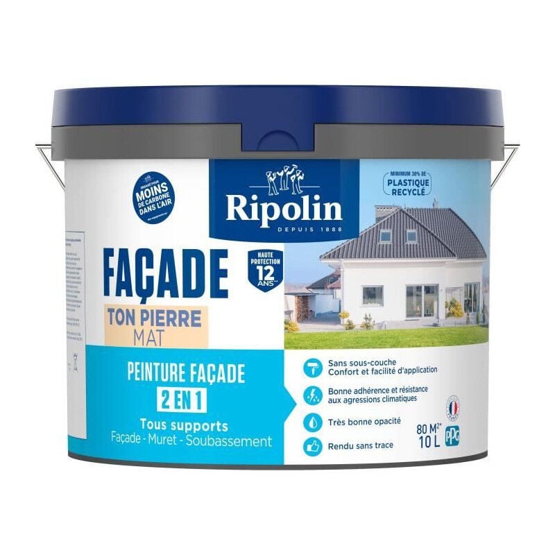 Peinture façade classic 2 en 1 Ripolin 474647 - Ton pierre - Mat - 10 l