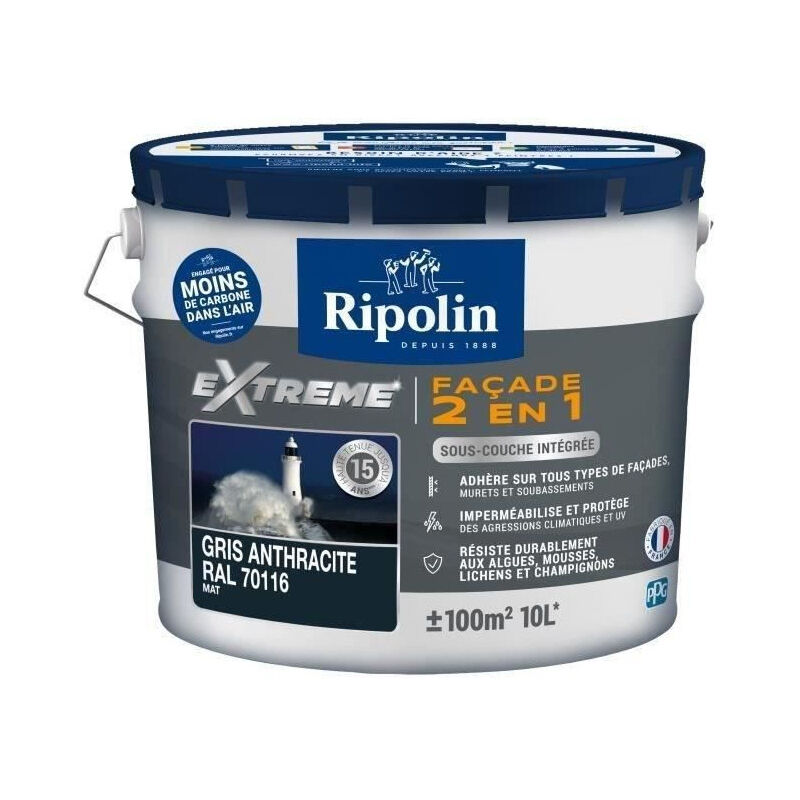 Ripolin - Peinture Façade Universelle 2 en 1 avec Sous-Couche Intégrée - Mat - 10L - Gris Anthracite ral 7016