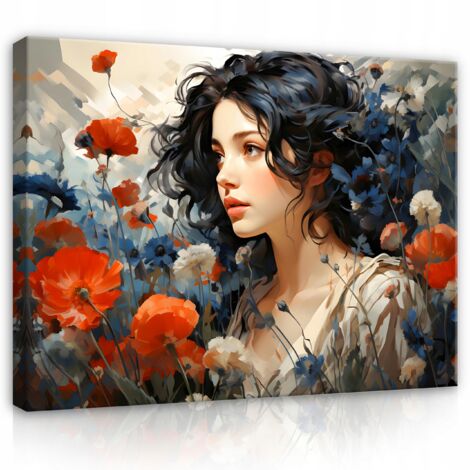 Peinture femme fleurs coquelicots sur toile Murale pour salon chambre grand 60x40
