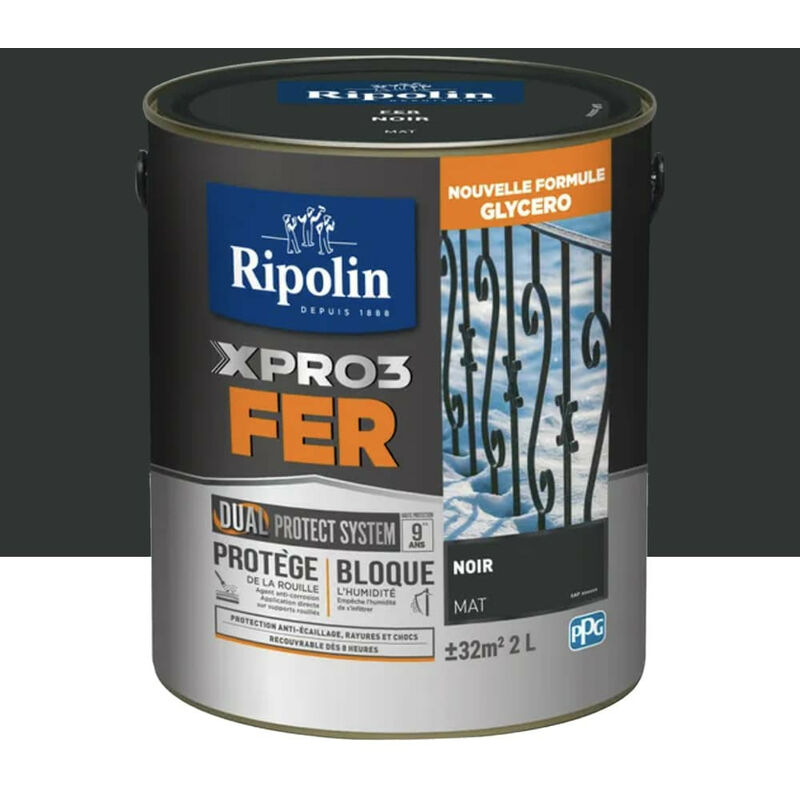 Ripolin - Peinture fer glycéro XPRO3 Fer Mat Noir 2 l