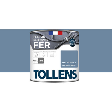 Peinture fer extérieure 2 en 1 - Ultra Résistante, séchage rapide et antirouille - TOLLENS - Brillant - Bleu Provence - 0,5L = 8m2