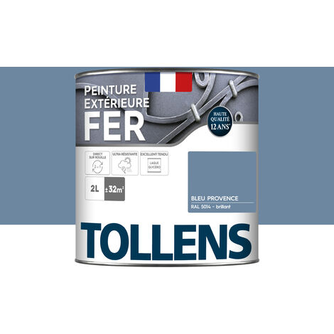 Peinture fer extérieure 2 en 1 - Ultra Résistante, séchage rapide et antirouille - TOLLENS - Brillant - Bleu Provence - 2L = 32m2