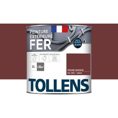 Peinture fer extérieure 2 en 1 - Ultra Résistante, séchage rapide et antirouille - TOLLENS - Brillant - Rouge Basque - 2L = 32m2