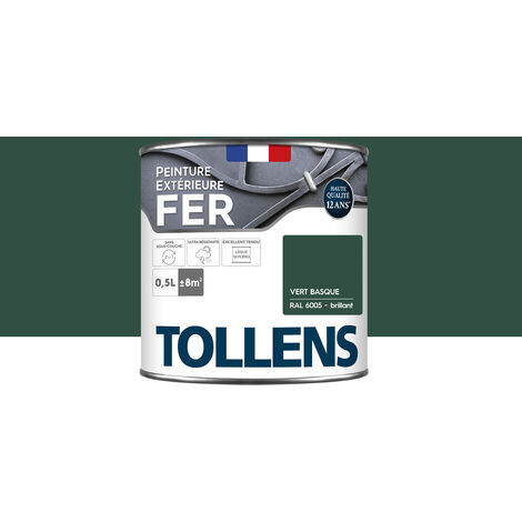 Peinture fer extérieure 2 en 1 - Ultra Résistante, séchage rapide et antirouille - TOLLENS - Brillant - Vert Basque - 0,5L = 8m2