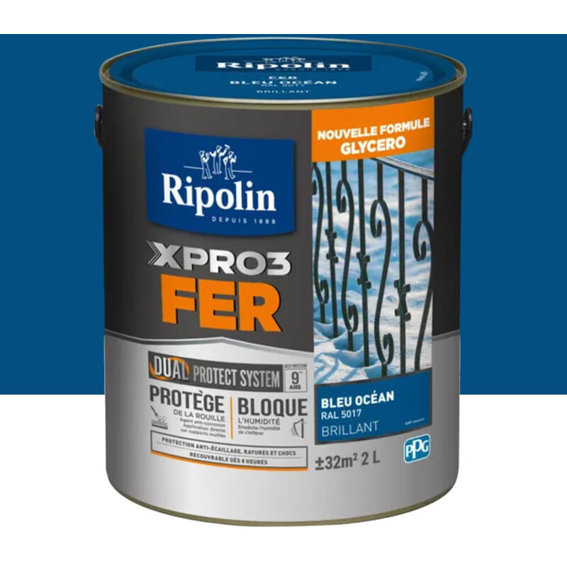 Ripolin - Peinture fer glycéro XPRO3 Fer Brillant Bleu océan 2 l