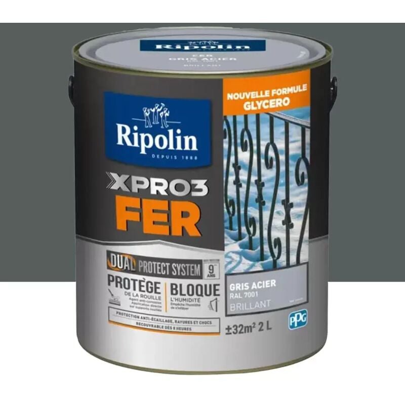 Ripolin - Peinture fer glycéro XPRO3 Fer Brillant Gris Acier 2 l