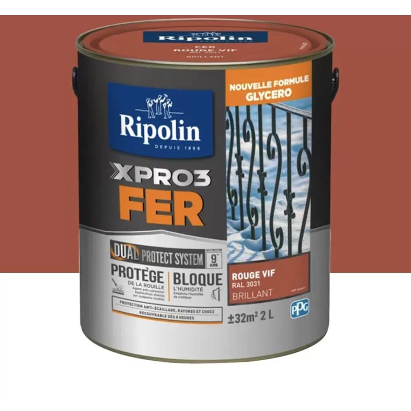 Ripolin - Peinture fer glycéro XPRO3 Fer Brillant Rouge Vif 2 l